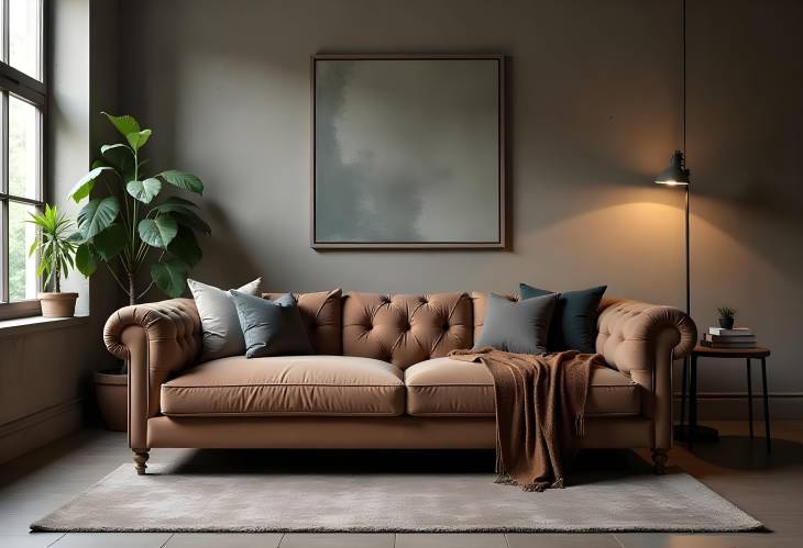 Refined Grunge Living Room with a Plush Leather Sofa and Industrial Accents